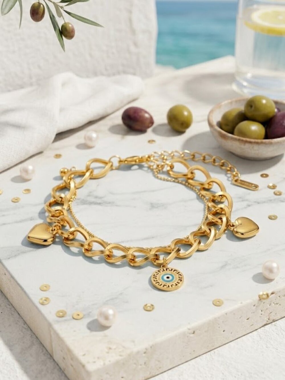 Double Chain 18K Gold Plated Heart Evil Eye Charm Bracelet Chunky Adj 6-8.5"